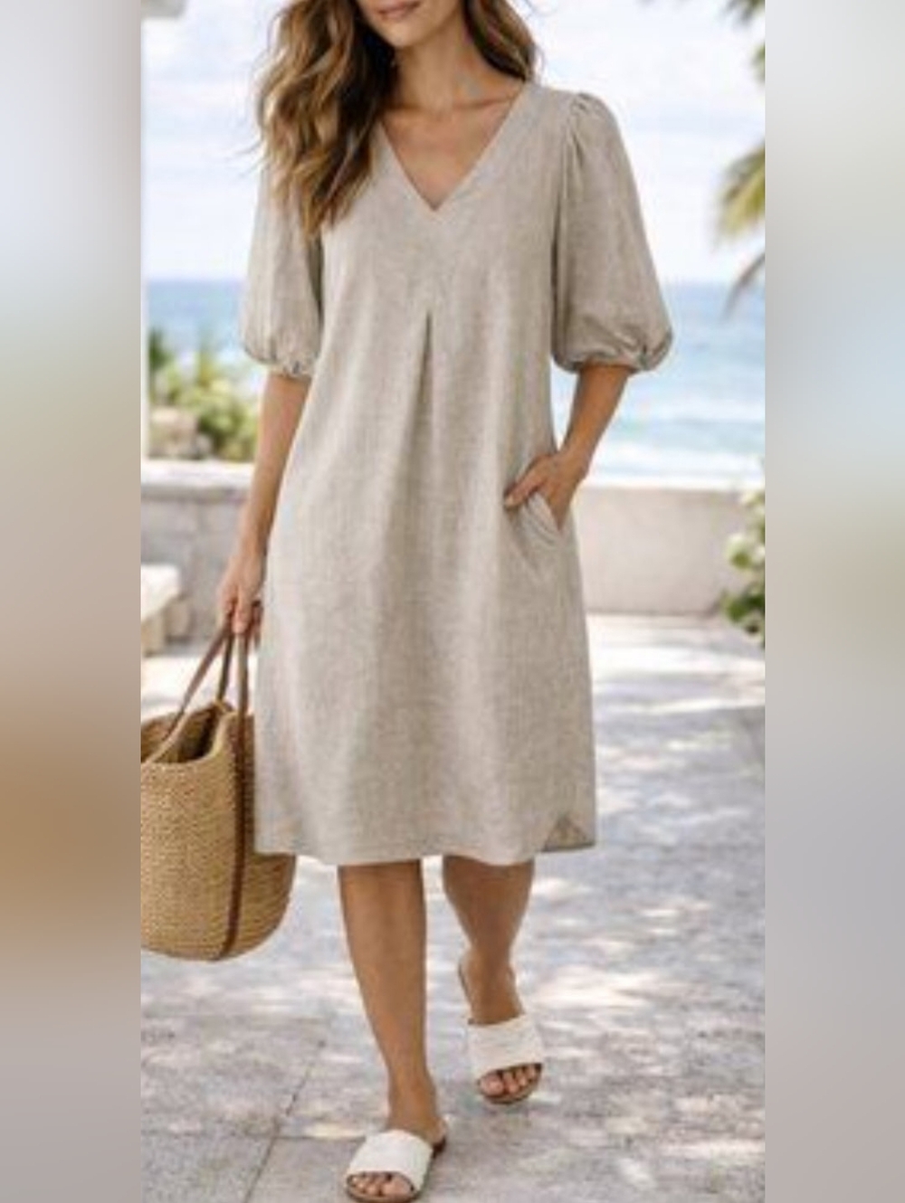 Cynthia Rowley Beige V-Neck Midi Dress with Puff Sleeves